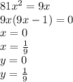 81x^2=9x\\
9x(9x-1)=0\\
x=0\\
x=\frac{1}{9}\\
y=0\\
y=\frac{1}{9}