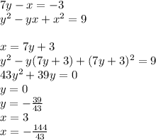 7y-x=-3\\ y^2-yx+x^2=9\\\\ x=7y+3\\ y^2-y(7y+3)+(7y+3)^2=9\\
 43y^2+39y=0\\
 y=0\\
 y=-\frac{39}{43}\\
 x=3\\
 x=-\frac{144}{43}