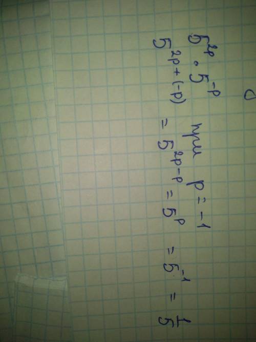 Найдите значение выражение 5^2p*5^-p при р= -1 ,заранее