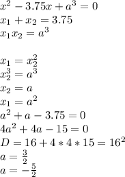x^2-3.75x+a^3=0\\
x_{1}+x_{2}=3.75\\
x_{1}x_{2}=a^3\\\\
 x_{1}=x_{2}^2\\
 x_{2}^3=a^3\\
 x_{2}=a\\
x_{1}=a^2\\
 a^2+a-3.75=0\\
 4a^2+4a-15=0\\
 D=16+4*4*15=16^2\\
 a=\frac{3}{2}\\
 a=-\frac{5}{2}

