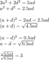 2a^2+2d^2=5ad\\
a^2+d^2=2.5ad\\\\
(a+d)^2-2ad=2.5ad\\
(a+d)=\sqrt{4.5ad}\\\\
(a-d)^2=0.5ad\\
a-d=\sqrt{0.5ad}\\\\
 \frac{\sqrt{4.5ad}}{\sqrt{0.5ad}}=3