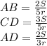 AB=\frac{2S}{5r}\\
CD=\frac{3S}{5r}\\
AD=\frac{2S}{3r}