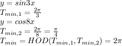 y=sin3x
\\\
T_{min,1}= \frac{2 \pi }{3} 
\\\
y=cos8x
\\\
T_{min,2}= \frac{2 \pi }{8} = \frac{ \pi }{4} 
\\\
T_{min}=HOD(T_{min,1}, T_{min,2})=2 \pi