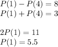 P(1)-P(4)=8\\
P(1)+P(4)=3\\\\
2P(1)=11\\
P(1)=5.5