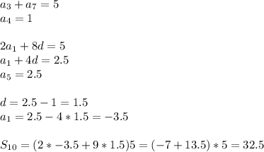a_{3}+a_{7}=5\\ 
a_{4}=1\\\\
2a_{1}+8d=5\\
a_{1}+4d=2.5\\
a_{5}=2.5\\\\
d=2.5-1=1.5\\ 
a_{1}=2.5-4*1.5=-3.5\\\\
 S_{10}=(2*-3.5+9*1.5)5=(-7+13.5)*5=32.5