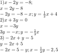 1)x-2y=-8; \\ 
x=2y-8 \\ 
-2y=-8-x; y= \frac{1}{2} x+4 \\ 
2)x+3y=0 \\ 
x=-3y \\ 
3y=-x;y=- \frac{1}{3} x \\ 
3)-2x+y=5 \\ 
y=2x+5 \\ 
-2x=5-y;x= \frac{1}{2} y-2,5 \\ 
