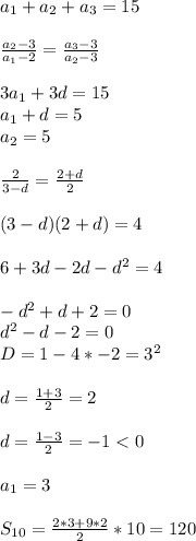 a_{1}+a_{2}+a_{3}=15\\\\
\frac{a_{2}-3}{a_{1}-2}=\frac{a_{3}-3}{a_{2}-3}\\\\ 
 3a_{1}+3d=15\\
 a_{1}+d=5\\
 a_{2}=5\\\\
\frac{2}{3-d}=\frac{2+d}{2}\\\\ 
(3-d)(2+d)=4\\\\
6+3d-2d-d^2=4 \\\\
 -d^2+d+2=0\\\
 d^2-d-2=0\\\
 D=1-4*-2=3^2\\\\
 d=\frac{1+3}{2}=2\\\\
 d=\frac{1-3}{2}=-1<0\\\\
a_{1}=3\\\\
 S_{10}=\frac{2*3+9*2}{2}*10=120