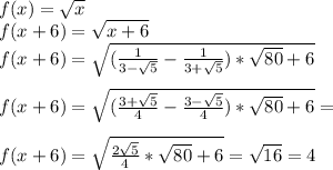 f(x)=\sqrt{x}\\
f(x+6)=\sqrt{x+6}\\
f(x+6)=\sqrt{(\frac{1}{3-\sqrt{5}}-\frac{1}{3+\sqrt{5}})*\sqrt{80}+6}\\\\
f(x+6)=\sqrt{(\frac{3+\sqrt{5}}{4}-\frac{3-\sqrt{5}}{4})*\sqrt{80}+6}=\\\\
f(x+6)=\sqrt{\frac{2\sqrt{5}}{4}*\sqrt{80}+6}=\sqrt{16}=4