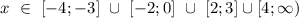 
x \ \in \ [-4;-3]\ \cup \ [-2;0]\ \cup \ [2;3] \cup [4;\infty)