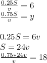 \frac{0.25S}{v}=6\\
\frac{0.75S}{v}=y\\\\
0.25S=6v\\
S=24v\\
\frac{0.75*24v}{v} = 18