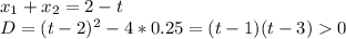 x_{1}+x_{2}=2-t\\
D=(t-2)^2-4*0.25=(t-1)(t-3)0\\