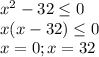 x^{2} -32 \leq 0 \\ 
x(x-32) \leq 0 \\ 
x=0; x=32 \\