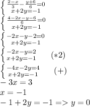 \left \{ {{\frac{2-x}{3}-\frac{y+6}{6}=0} \atop {x+2y=-1}} \right. \\
 \left \{ {{\frac{4-2x-y-6}{6}=0} \atop {x+2y=-1}} \right. \\
 \left \{ {{-2x-y-2=0} \atop {x+2y=-1}} \right. \\
 \left \{ {{-2x-y=2} \atop {x+2y=-1}} \right. \ \ \ \ (*2)\\
 \left \{ {{-4x-2y=4} \atop {x+2y=-1}} \right. \ \ \ \ (+)\\
-3x=3\\
x=-1\\
-1+2y=-1 = y=0