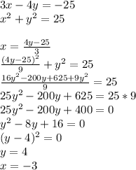 3x-4y=-25\\
x^2+y^2=25\\\\
x=\frac{4y-25}{3}\\
\frac{(4y-25)^2}{9}+y^2=25\\
 \frac{ 16y^2-200y+625+9y^2 }{9}=25\\
 25y^2-200y+625=25*9\\
 25y^2-200y +400=0\\
 y^2-8y+16=0\\
 (y-4)^2=0\\
 y=4\\ 
 x=-3