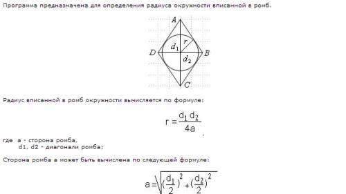 Дано: ромб авсd.диагонали равны 30см,40см. найти радиус окружности вписанной в ромб
