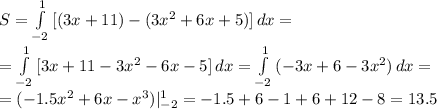 S= \int\limits^1_{-2} {[(3x+11)-(3x^2+6x+5)]} \, dx = \\ 
=\int\limits^1_{-2} {[3x+11-3x^2-6x-5]} \, dx =\int\limits^1_{-2} {(-3x+6-3x^2)} \, dx = \\ 
=(-1.5x^2+6x-x^3)|_{-2}^1 =-1.5+6-1+6+12-8=13.5