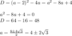 D=(a-2)^2-4a=a^2-8a+4\\
\\ a^2-8a+4=0\\D=64-16=48\\\\a= \frac{8\pm 4 \sqrt{3} }{2} =4\pm2 \sqrt{3}