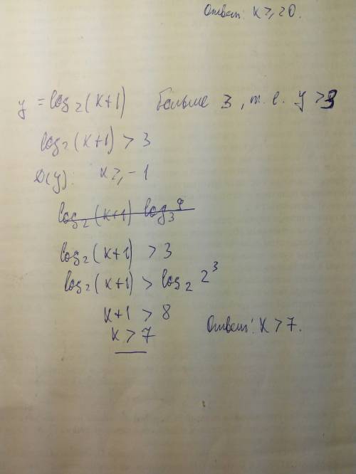 Найдите значения аргумента x при которых значение функции y=log2(x+1) больше 3