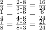 \frac{2}{3} = \frac{2*8}{3*8}= \frac{16}{24}\\
 \frac{1}{4}= \frac{1*6}{4*6}= \frac{6}{24}\\
 \frac{7}{8}= \frac{7*3}{8*3}= \frac{21}{24}