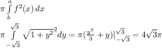 \pi \int\limits^a_b {f^2(x)} \, dx \\\\
 \pi \int\limits^{\sqrt{3}}_{-\sqrt{3}} {\sqrt{1+y^2}^2} dy= \pi(\frac{y^3}{3}+y)|^{\sqrt{3}}_{-\sqrt{3}} = 4\sqrt{3} \pi