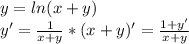 y=ln(x+y)\\
 y'=\frac{1}{x+y}*(x+y)'=\frac{1+y'}{x+y}
