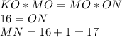 KO*MO=MO*ON\\
16=ON\\
MN=16+1=17