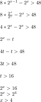 8*2^{x-1}-2^{x}48 \\ \\ 
8* \frac{2^x}{2^1} -2^{x}48 \\ \\ 
4* 2^x -2^{x}48 \\ \\ 
2^x=t \\ \\ 
4t-t48 \\ \\ 
3t48 \\ \\ 
t16 \\ \\ 
2^x16 \\ 2^x2^4 \\ x4