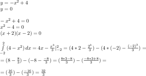 y=-x^2+4 \\ y=0 \\ \\ 
-x^2+4=0 \\ x^2-4=0 \\ (x+2)(x-2)=0 \\ \\ 
 \int\limits^2_{-2} {(4-x^2)} \, dx =4x- \frac{x^3}{3} |^2_{-2}=(4*2- \frac{2^3}{3})-(4*(-2)- \frac{(-2)^3}{3})= \\ \\ =(8- \frac{8}{3})-(-8- \frac{-8}{3})=(\frac{8*3-8}{3})-(\frac{-8*3+8}{3})= \\ \\ 
=(\frac{16}{3})-(\frac{-16}{3})= \frac{32}{3}