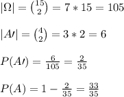 \\|\Omega|={15\choose2}=7*15=105
\\
\\|A\prime|={4\choose2}=3*2=6
\\
\\P(A\prime)=\frac{6}{105}=\frac{2}{35}
\\
\\P(A)=1-\frac{2}{35}=\frac{33}{35}