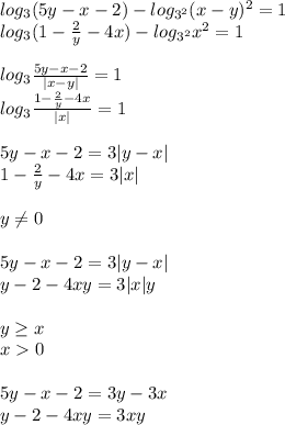 log_{3}(5y-x-2)-log_{3^2}(x-y)^2=1\\
log_{3}(1-\frac{2}{y}-4x)-log_{3^2}x^2=1\\\\
log_{3}\frac{5y-x-2}{|x-y|}=1\\
log_{3}\frac{1-\frac{2}{y}-4x}{|x|}=1\\\\ 
5y-x-2=3|y-x| \\
1-\frac{2}{y}-4x=3|x|\\\\
y \neq 0\\\\
 5y-x-2=3|y-x|\\
y-2-4xy=3|x|y\\\\ 
y \geq x\\
x 0\\\\
5y-x-2=3y-3x\\
y-2-4xy=3xy
