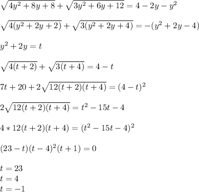 \sqrt{4y^2+8y+8}+ \sqrt{3y^2+6y+12}=4-2y-y^2\\\\
\sqrt{4(y^2+2y+2)}+\sqrt{3(y^2+2y+4)} = -(y^2+2y-4)\\\\
 y^2+2y=t\\\\ 
\sqrt{4(t+2)}+\sqrt{3(t+4)} = 4-t\\\\
7t+20+2\sqrt{12(t+2)(t+4)}=(4-t)^2\\\\
2\sqrt{12(t+2)(t+4)}=t^2-15t-4\\\\ 
4*12(t+2)(t+4)=(t^2-15t-4)^2\\\\
(23-t)(t-4)^2(t+1)=0\\\\
t=23\\
t=4\\
t=-1\\\\

