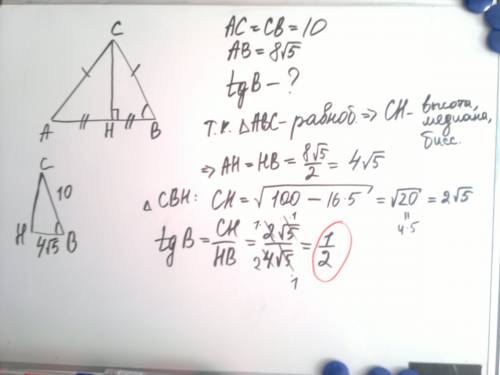Втреугольнике abc ac=bc=10,ab=8корней из 5 . найдите tgb.