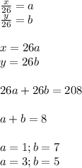 \frac{x}{26}=a\\
\frac{y}{26}=b\\\\
 x=26a\\
 y=26b\\\\
 26a+26b=208\\\\
 a+b=8\\\\
 a=1; b=7\\
 a=3; b=5