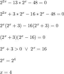 \\2^{2x}-13*2^x-48=0
\\
\\2^{2x}+3*2^x-16*2^x-48=0
\\
\\2^x(2^x+3)-16(2^x+3)=0
\\
\\(2^x+3)(2^x-16)=0
\\
\\2^x+30 \ \vee \ 2^x=16
\\
\\2^x=2^4
\\
\\x=4