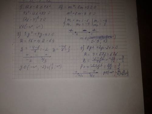 1)12x-9< =(меньше или равно)4x^2 2)-m^2-8m+9> =(больше или равно) 0 3)3y^2+4y-4> 0 4)8p^2+2