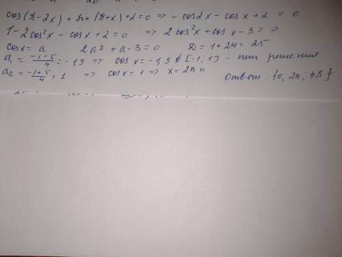 Число корней уравнения cos(пи-2х)+sin(пи/2+x)+2=0 принадлежащих отрезку (0; 5пи) равно?
