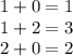 1+0=1\\
1+2=3\\ 2+0=2\\
