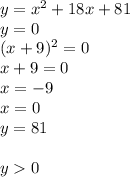 y= x^{2} +18x+81 \\ y=0 \\ (x+9)^{2} =0 \\ x+9=0\\x=-9 \\ x=0\\y=81 \\ \\y0\\