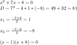 x^2+7x-8=0 \\ 
D=7^2-4*1*(-8)=49+32=81 \\ \\ 
x_1= \frac{-7+9}{2} =1 \\ \\ 
x_2= \frac{-7-9}{2} =-8 \\ \\ 
(x-1)(x+8)=0