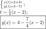 \left \{ {{x(t)=2+4t} \atop {y(t)=4-7t}} \right;\\
t=\frac 14(x-2);\\
\boxed{y(x)=4-\frac 74 (x-2)}