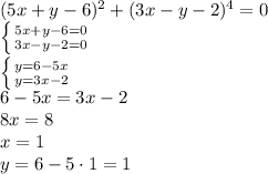 (5x+y-6)^2+(3x-y-2)^4=0
\\\
 \left \{ {{5x+y-6=0} \atop {3x-y-2=0}} \right. 
\\\
 \left \{ {{y=6-5x} \atop {y=3x-2}} \right. 
\\\
6-5x=3x-2
\\\
8x=8
\\\
x=1
\\\
y=6-5\cdot1=1