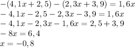 -(4,1x+2,5)-(2,3x+3,9)=1,6x \\ 
-4,1x-2,5-2,3x-3,9=1,6x \\ 
-4,1x-2,3x-1,6x=2,5+3,9 \\ 
-8x=6,4 \\ 
x=-0,8
