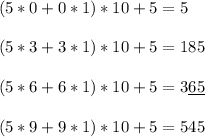 (5*0 + 0*1)*10 + 5 = 5\\\\
(5*3 + 3*1)*10 + 5 = 185\\\\
(5*6 + 6*1)*10 + 5 = 3\underline{65}\\\\
(5*9 + 9*1)*10 + 5 = 545