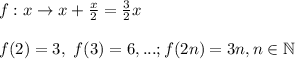 f: x \rightarrow x + \frac{x}{2} = \frac{3}{2}x\\\\
f(2) = 3, \ f(3) = 6, ...; f(2n) = 3n, n \in \mathbb{N}
