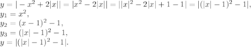 y=|-x^2+2|x||=|x^2-2|x||=||x|^2-2|x|+1-1|=|(|x|-1)^2-1|, \\
y_1=x^2, \\ y_2=(x-1)^2-1, \\ y_3=(|x|-1)^2-1, \\ y=|(|x|-1)^2-1|.