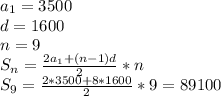 a_1=3500\\d=1600\\n=9\\S_n= \frac{2a_1+(n-1)d}{2} *n\\S_9= \frac{2*3500+8*1600}{2} *9=89100
