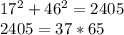 17^2+46^2=2405\\
 2405=37*65