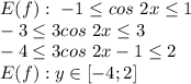 E(f): \ -1 \leq cos \ 2x \leq1 \\ 
-3 \leq 3cos \ 2x \leq 3 \\ 
-4 \leq 3cos \ 2x -1 \leq 2 \\ E(f): y \in [-4;2]