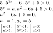 5. \ 5^{2x}-6\cdot5^{x}+50 , \\
5^{x}=a, a^2-6a+50, \\
a^2-6a+5=0, \\ 
a_1=1, a_2=5, \\
 \left [ {{a5;}} \right. \left [ {{5^{x}5;}} \right. \left [ {{x1;}} \right.