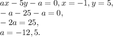 ax - 5 y - a =0, x=-1, y=5, \\
-a-25-a=0, \\
-2a=25, \\
a=-12,5.